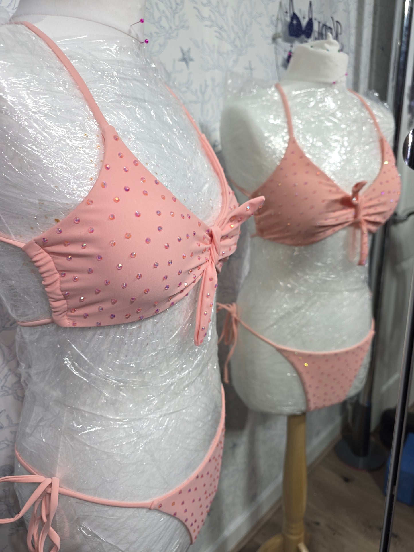 Peach pink rhinestone bikini 10-12