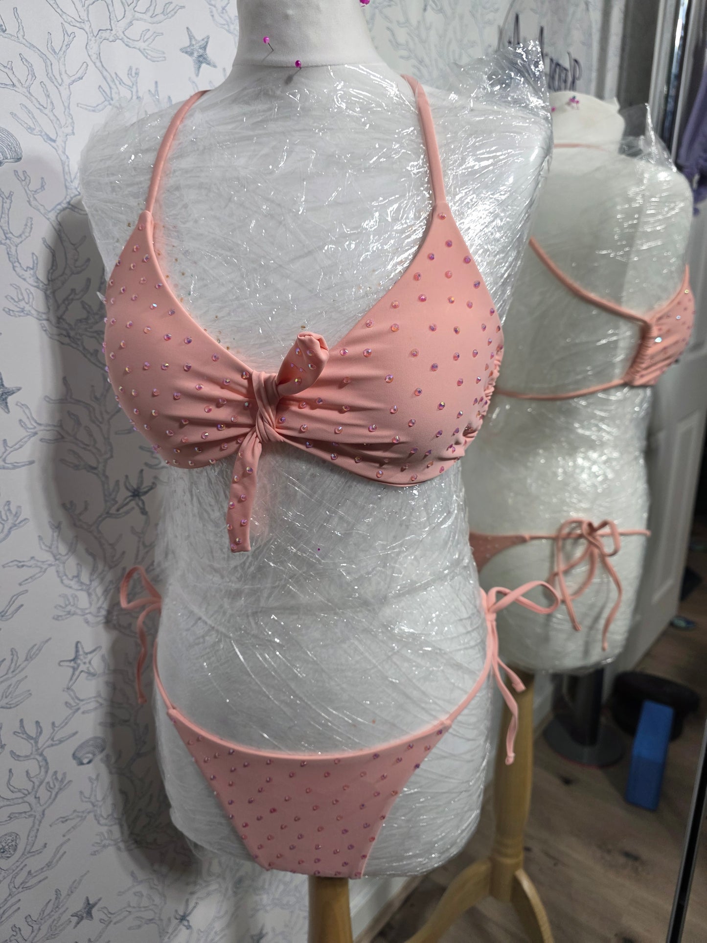 Peach pink rhinestone bikini 10-12