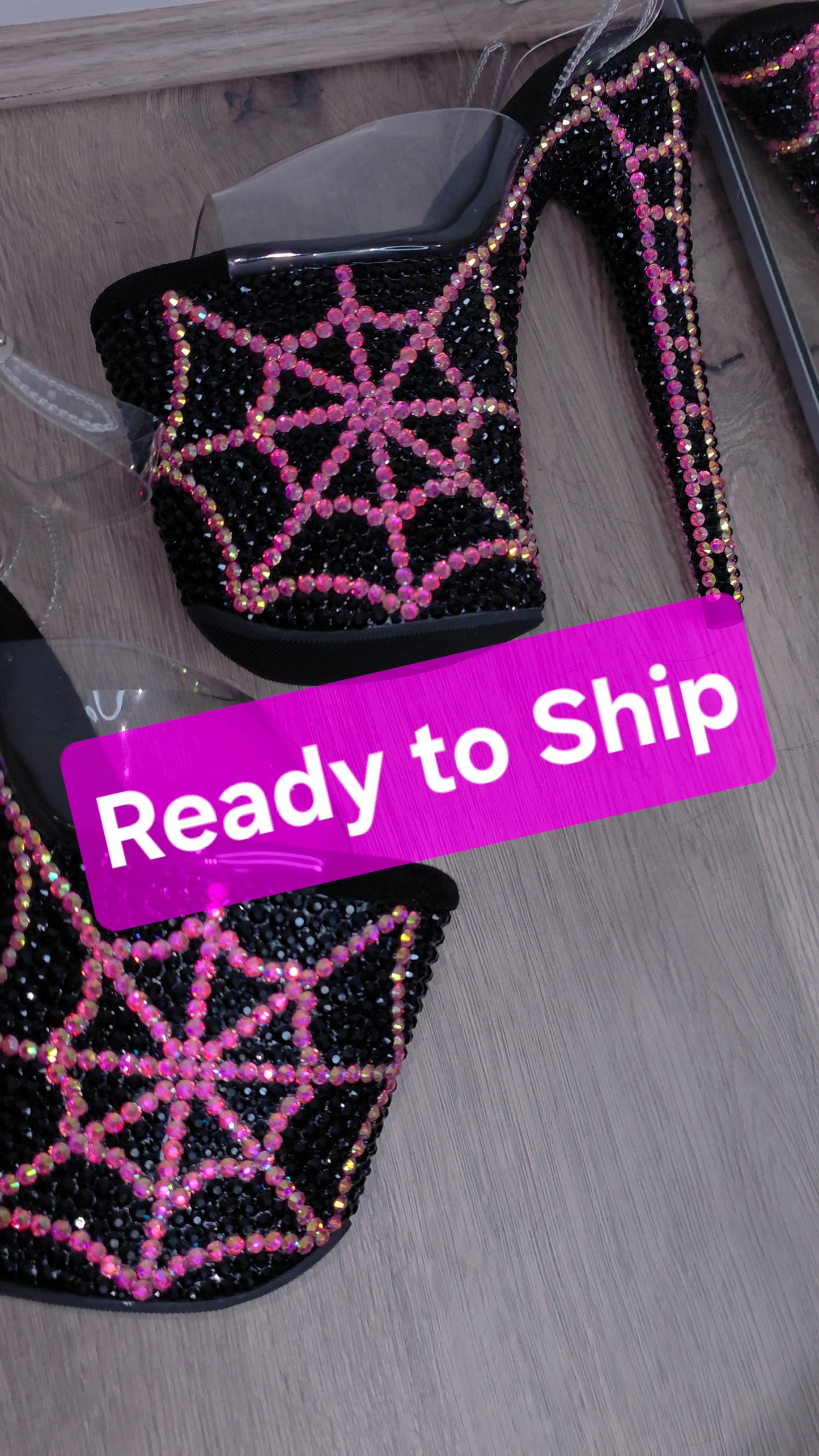 Pink and black rhinestone spider heels size Uk 6