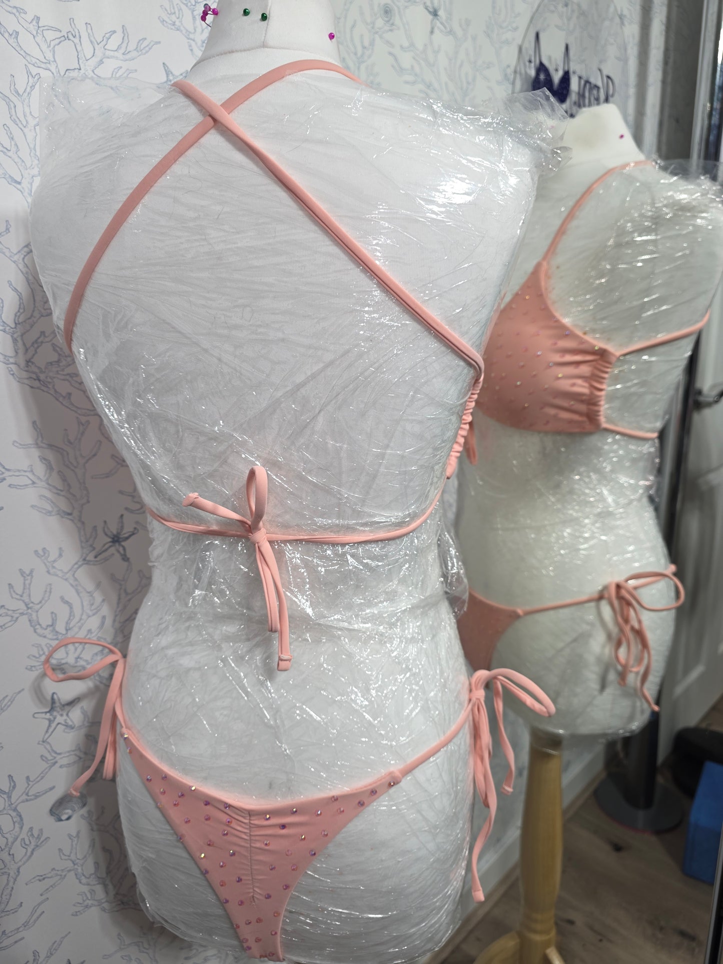 Peach pink rhinestone bikini 10-12
